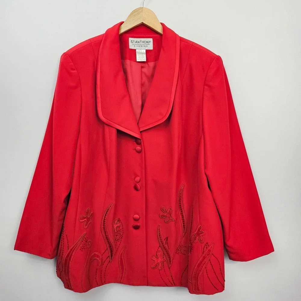 St. Anthony Evening Red Embroidered Blazer Jacket 24W Dressy Valentines Day Glam